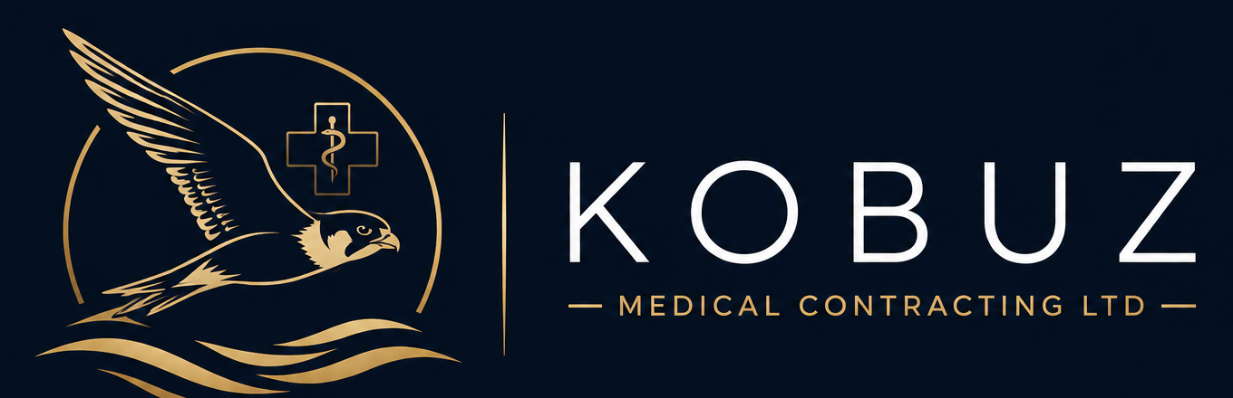 Kobuz Medical Contracting LTD — gold falcon over waves with a medical emblem